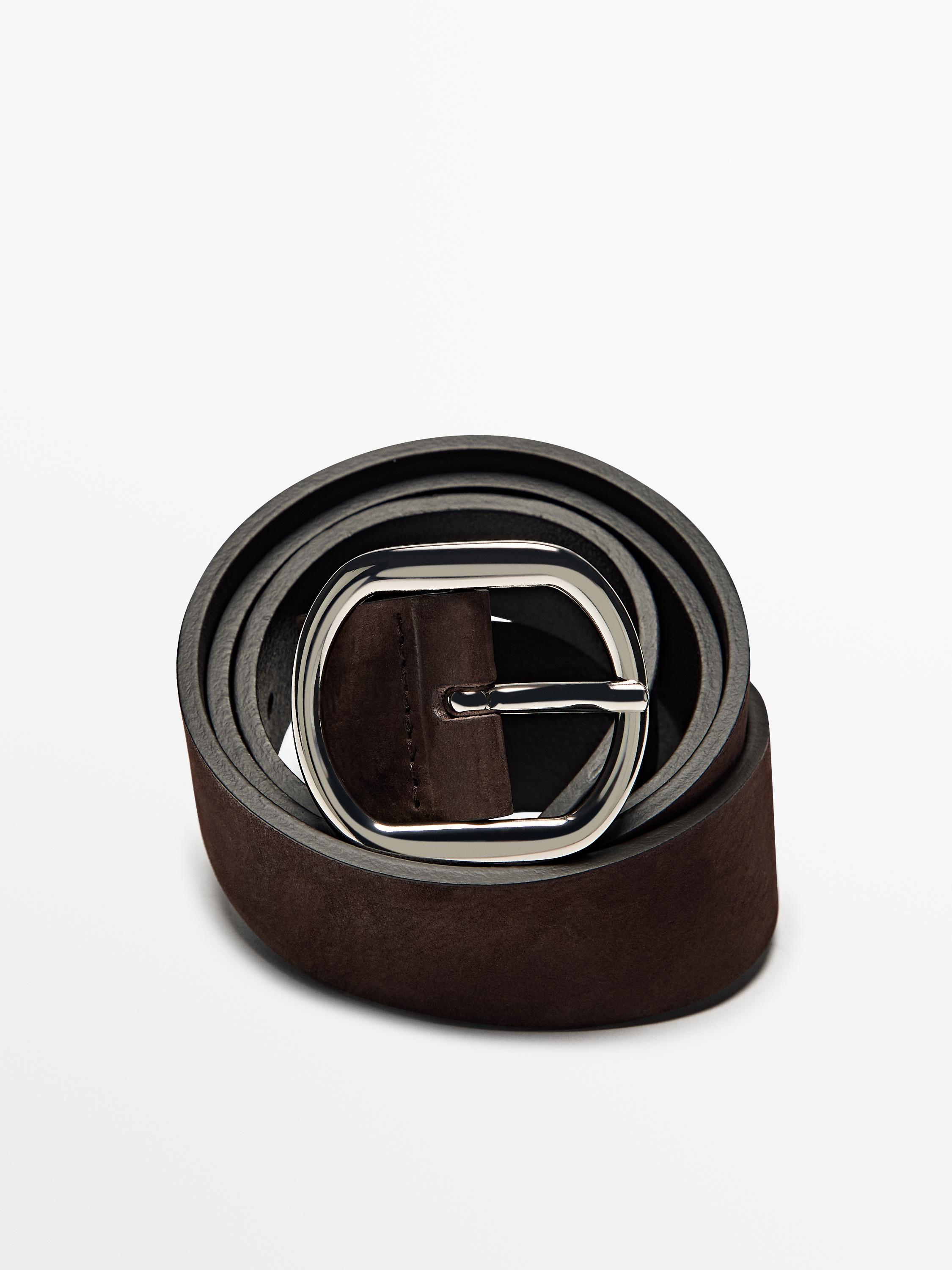 Nubuck leather belt with oval buckle